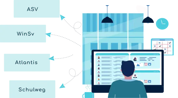 Person vor Monitor mit Uhr und Kalender - Responsive